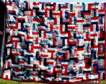 Patriotic Vintage Hand made Quilt 1975 Red White & Blue