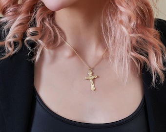14K Gold Christian Cross Necklace, Crucifix Pendant, Cross Pendant Necklace, Religious Faith Necklace, Christian Jewelry Gift, Gift for Mom