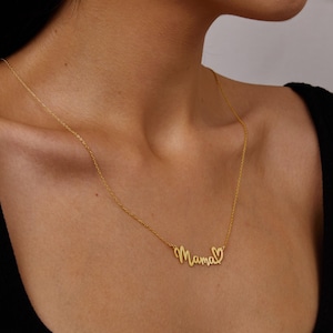 Colar de ouro 14K com nome "Mamãe e Coração", colar manuscrito, pingente de coração, joia minimalista, colar delicado "Mamãe", colar de Natal exclusivo