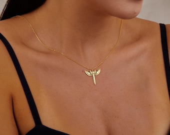 14K Gold Angel Wing Necklace, Guardian Angel Necklace, Protection Jewelry, Sword Necklace, Gift for Mother, Birthday Gift