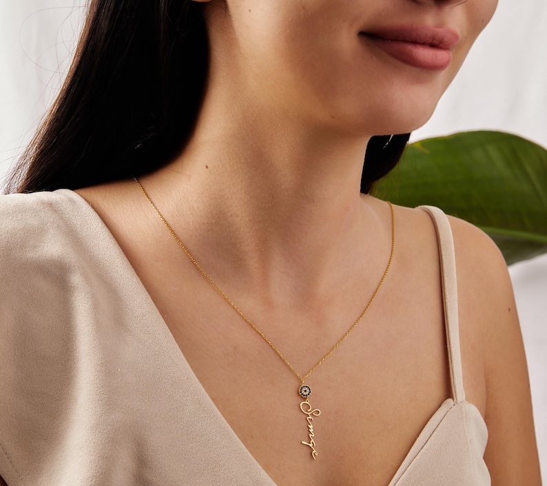 Name Necklace With Evil Eye, Custom Name Necklace, Evil Eye Necklace, Vertical Name Necklace, Birthday Gift, Christmas Gift, Gift for Gf