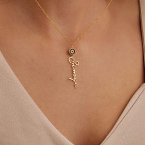 Name Necklace With Evil Eye, Custom Name Necklace, Evil Eye Necklace, Vertical Name Necklace, Birthday Gift, Christmas Gift, Gift for Gf