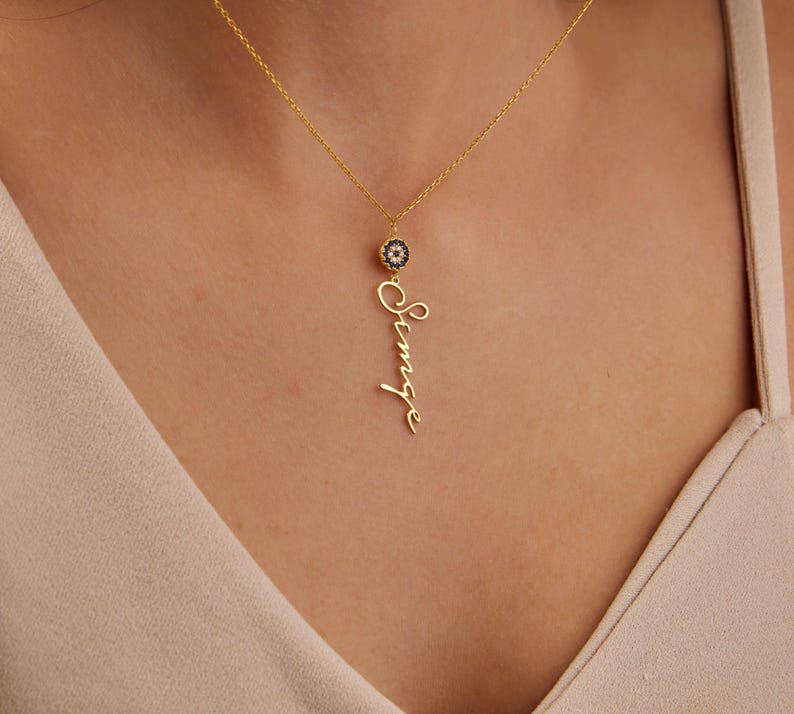 Name Necklace With Evil Eye, Custom Name Necklace, Evil Eye Necklace, Vertical Name Necklace, Birthday Gift, Christmas Gift, Gift for Gf