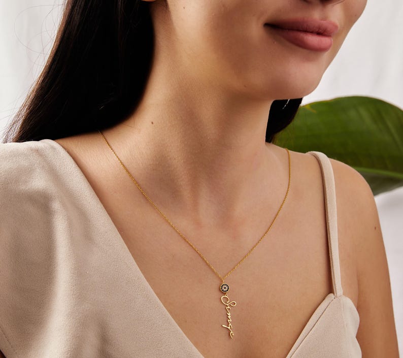 Name Necklace With Evil Eye, Custom Name Necklace, Evil Eye Necklace, Vertical Name Necklace, Birthday Gift, Christmas Gift, Gift for Gf