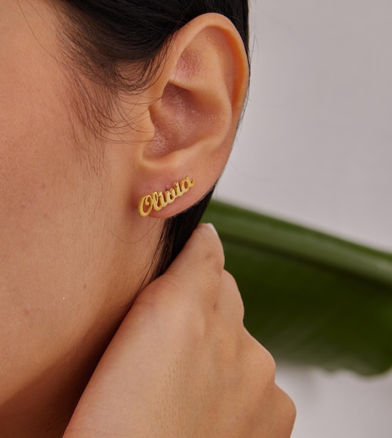 14K Gold Name Earrings, Personalized Stud Earring, Custom Name