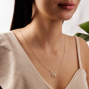 14K Gold Butterfly Necklace, Dainty Butterfly Pendant, Tiny Butterfly Jewelry, Gift for Women, Gift for Her