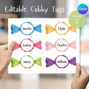 May include: A sheet of editable cubby tags featuring candy-shaped designs in blue, orange, pink, green, and purple. Each candy has a name in a white circle. The text "Editable Cubby Tags" is at the top.