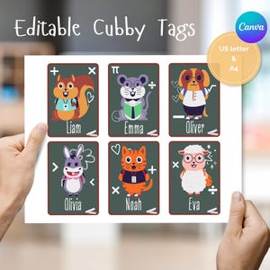 Op de afbeelding: Een vel met "Bewerkbare Cubby Tags" met zes geïllustreerde dierenfiguren, elk met een naam. De tags bevatten een eekhoorn, muis, hond, ezel, kat en schaap. Het Canva-logo en de tekst "US letter & A4" zijn ook zichtbaar.
