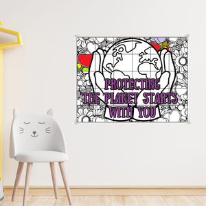 May include: Black and white illustration of hands holding a globe with the text "Protecting the Planet Starts With You" in purple.