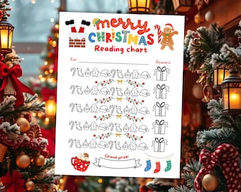 May include: A white paper Christmas reading chart featuring colorful text that reads Merry Christmas Reading chart. The design includes illustrations of Santa legs in a chimney, a gingerbread person, candy canes, stockings, and gift boxes.