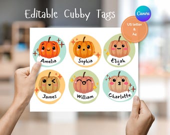 Etiquetas con nombres de calabazas: Decoración de otoño para el aula, plantilla PDF editable