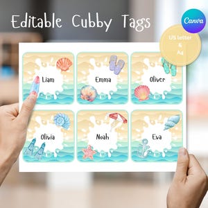 Customizable Summer Beach Cubby Tags,  Cubby Name Tags, Editable Name Tags, Summer Theme Classroom, Watercolor Summer Classroom Labels