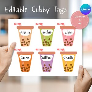 May include: A sheet of paper with six colorful bubble tea cup illustrations, each with a different name: Amelia, Sophia, Elijah, James, William, and Charlie. The cups are various colors, with brown tapioca pearls and a straw.