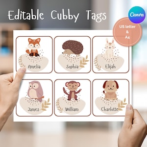 Può includere: Un foglio di etichette modificabili per armadietti con sei illustrazioni di animali: una volpe, un riccio, un lama, un gufo, una scimmia e un cane. Ogni etichetta include un nome. Le etichette sono progettate per formati carta US Letter e A4.