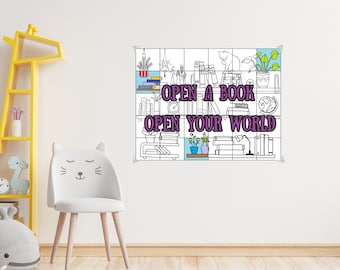 May include: A rectangular wall decal featuring a black and white line art illustration of bookshelves filled with books, plants, a cat, and a globe. The text "OPEN A BOOK OPEN YOUR WORLD" is printed in large purple letters across the centre.