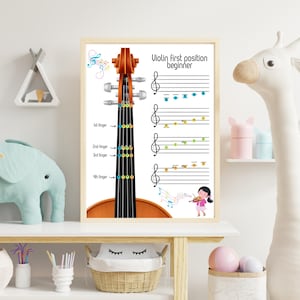 Pode incluir: Uma impressão emoldurada intitulada "Violin first position beginner" com um diagrama de violino com notas musicais e posições dos dedos. A impressão tem uma moldura de madeira clara e é exibida em uma prateleira branca.