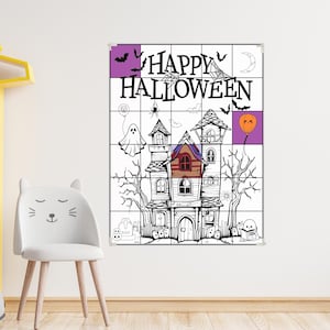 May include: A rectangular wall poster featuring a black and white line art illustration of a haunted house, a graveyard, ghosts, and bats. The text "HAPPY HALLOWEEN" is printed at the top. The design includes purple and orange color accents.