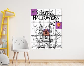 May include: A rectangular wall poster featuring a black and white line art illustration of a haunted house, a graveyard, ghosts, and bats. The text "HAPPY HALLOWEEN" is printed at the top. The design includes purple and orange colour accents.