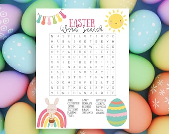 Puede incluir: Una hoja de actividades de sopa de letras de Pascua con una cuadrícula de letras, un estandarte de siluetas de conejos coloridos, un sol amarillo sonriente, un conejo con una cesta bajo un arcoíris y un huevo decorativo con una lista de palabras.