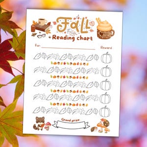 May include: A printable fall-themed reading chart with the word "Fall" in decorative lettering. The chart includes illustrations of leaves, pumpkins, and a raccoon. A coffee cup and a whipped cream drink are also featured.