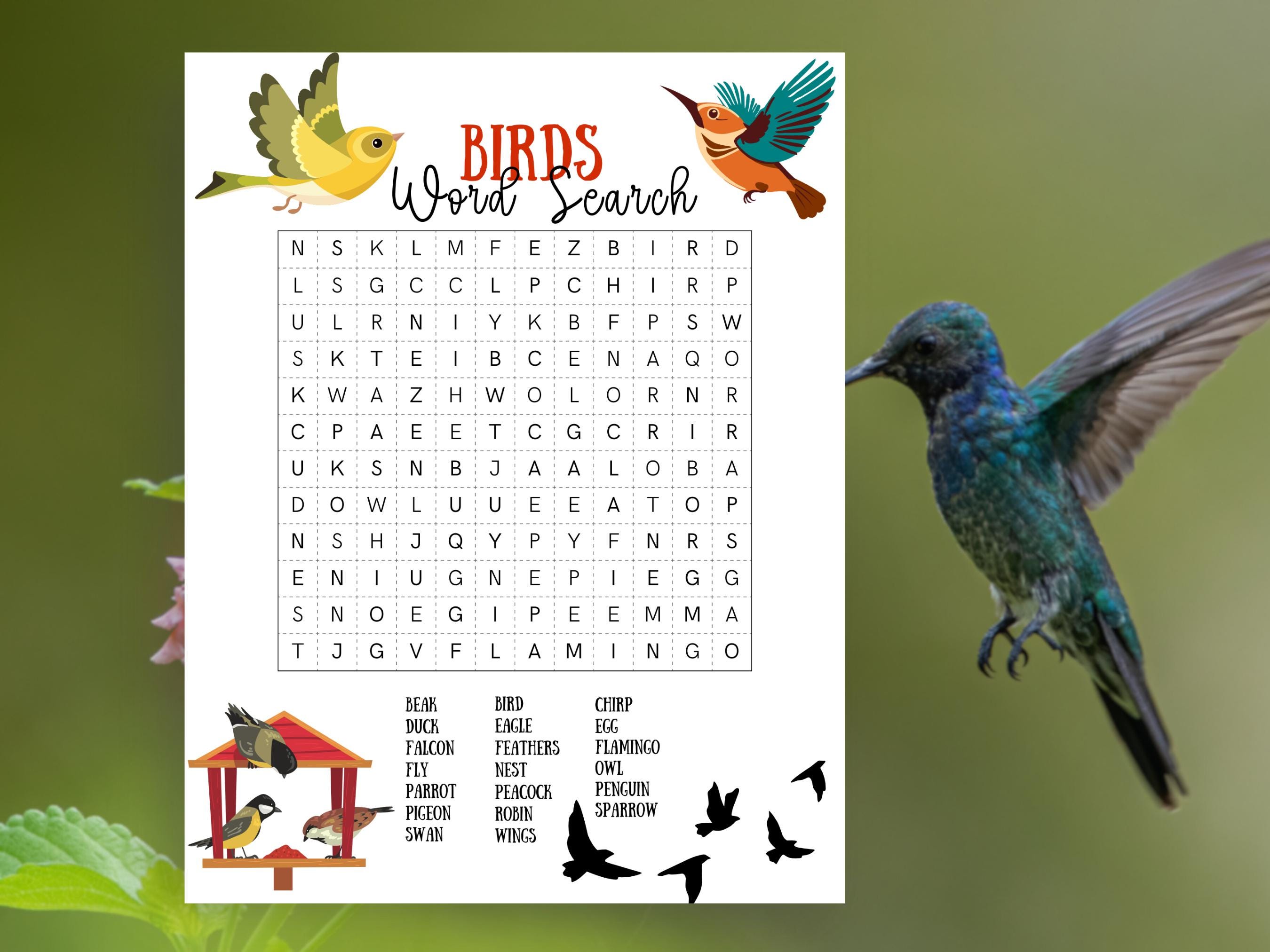 Bird Word Search Puzzle: Kids' Bird Watching Game (printable PDF