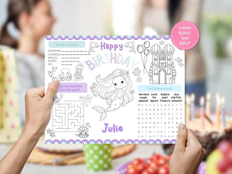 Editable Mermaid Birthday Placemat: Coloring Page & Games (PDF) - Etsy