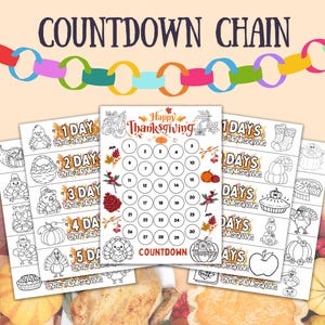 May include: A set of printable Thanksgiving countdown activity sheets featuring a central countdown calendar with numbered circles from 1 to 30, surrounded by autumn-themed illustrations of turkeys, pumpkins, and leaves, with the text Happy Thanksgiving.