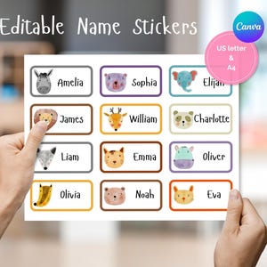 May include: Printable name stickers with animal illustrations. The stickers feature a zebra, bear, elephant, lion, deer, panda, wolf, cat, hippo, tiger, bear, and cat. The names on the stickers are Amelia, Sophia, Elijan, James, William, Charlotte, Liam, Emma, Oliver, Olivia, Noah, and Eva.