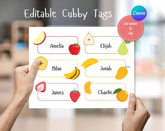 May include: A printable sheet of six rectangular editable cubby tags featuring fruit illustrations including an apple, pear, banana, mango, strawberry, and orange. Each tag displays a name and a corresponding fruit graphic in a colorful layout.
