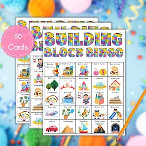 Baustein Bingo, 30 Bingokarten, Kinder druckbares Bingo, Geburtstagsfeier Bingospiel, druckbares Bingospiel, Bingoaktivität für Kinder