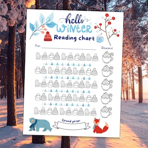 May include: A white paper reading chart titled Hello Winter with blue and red winter-themed illustrations. It features rows of small black and white line art icons of hats and mittens, with a hot cocoa mug at the end of each row for rewards.