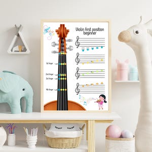 Pode incluir: Uma impressão emoldurada intitulada "Violino primeira posição iniciante" apresentando um diagrama de violino com notas musicais e posições dos dedos. A impressão tem uma moldura de madeira clara e é exibida em uma prateleira branca.