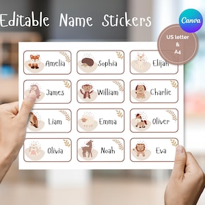 Customizable Boho Animal Name Tag Stickers, Editable Boho Animal Name Tags, Boho Animal Classroom labels, Animal Classroom Stickers