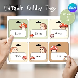 Customizable Mushroom Cubby Tags, Hedgehog Cubby Name Tags, Editable Classroom Name Tags, Fall Theme Classroom, Fall Classroom Labels