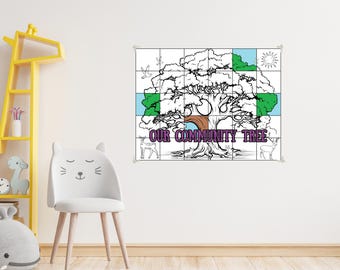Community Tree Collaborative Coloring Poster: Teamwork Classroom Mural (PDF Download)
