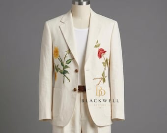 Zweiteiliger elfenbeinfarbener Herren-Anzug im Country-Western-Stil mit Blumenmuster, individuell bestickt, Leinen-Cowboy-Tuxedo, Konzert-Bräutigam-Cocktail-Outfit