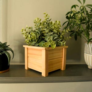 May include: A wooden planter box with a light brown finish. The planter is square and has a simple design. It is filled with a green leafy plant.