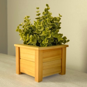 May include: A wooden planter box with a light brown finish. The planter is square and has a simple design. It is filled with a green leafy plant.