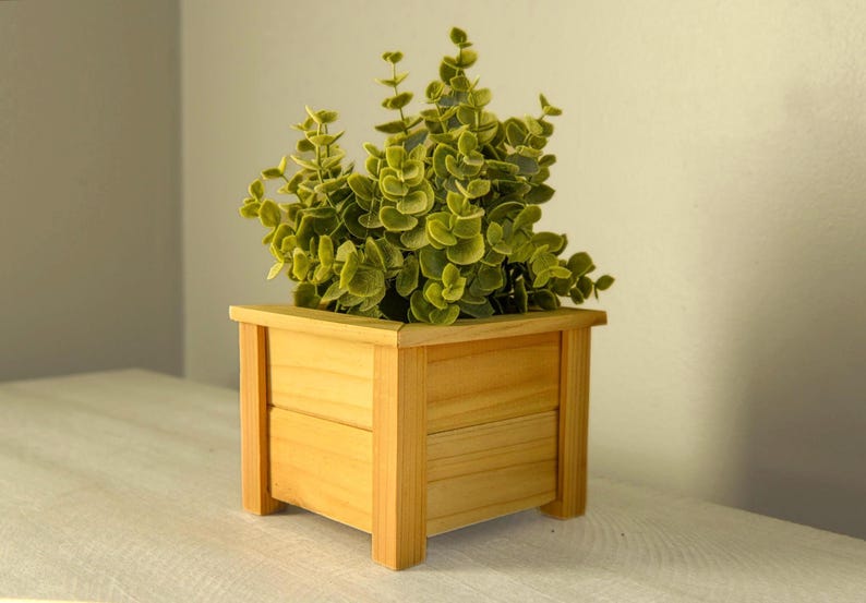 May include: A wooden planter box with a light brown finish. The planter is square and has a simple design. It is filled with a green leafy plant.