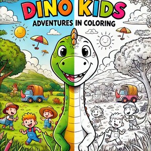 Dino Kids Adventures In Coloring - Printable Dinosaur Coloring Book for Children - Digital Download 21 Pages