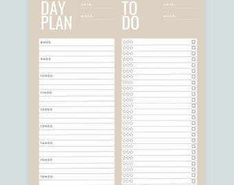 May include: A printable daily planner and to-do list with a beige background. The left side has a section for "Day Plan" with hourly time slots from 8:00 AM to 6:00 PM. The right side has a section for "To Do" with a list of checkboxes and stars.
