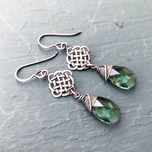 Erinite Green Swarovski Crystal Teardrops and Sterling Silver Celtic Earrings