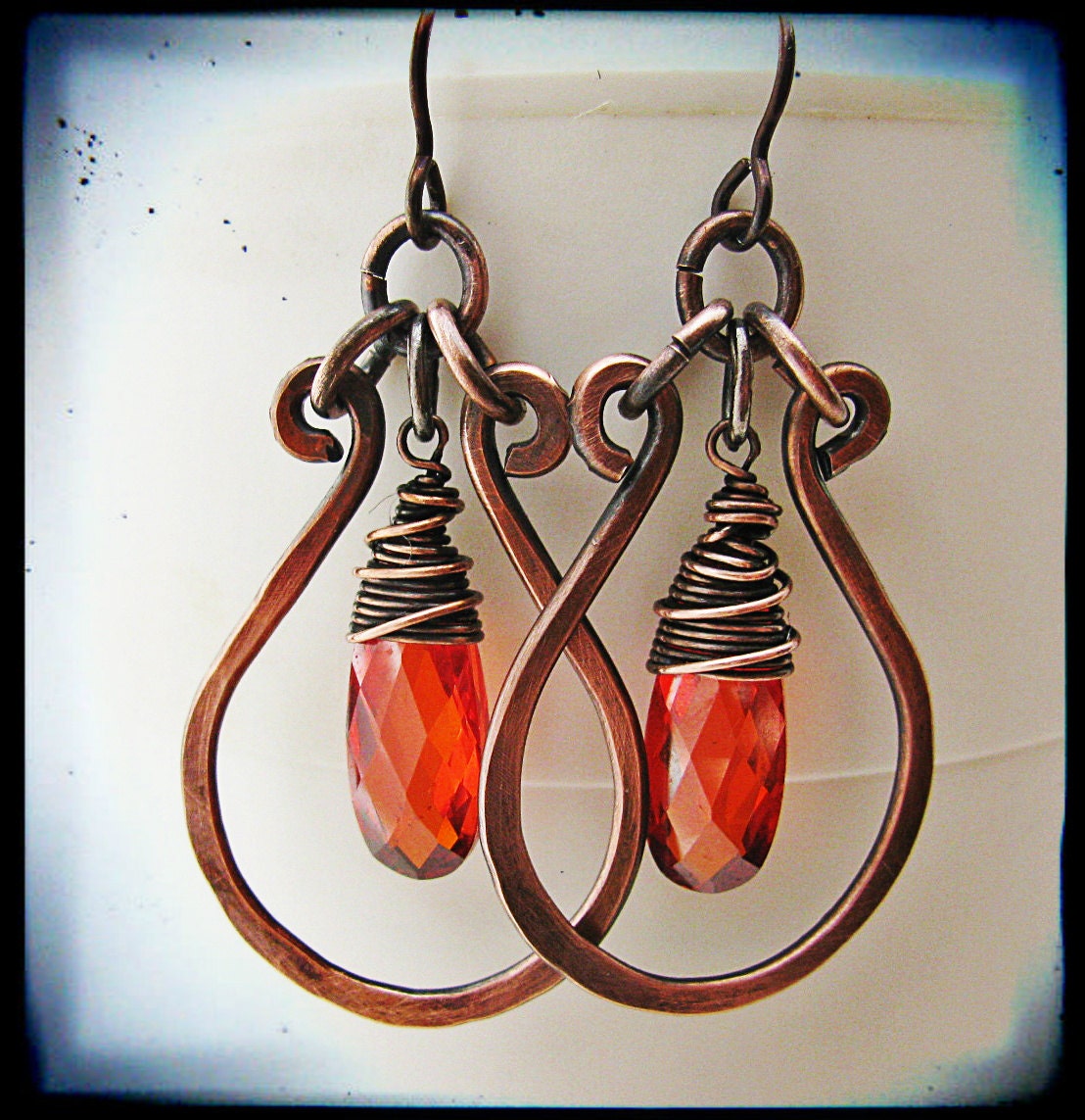 Wire wrapped Red Cubic Zirconia with Hammered Copper Hoops Etsy