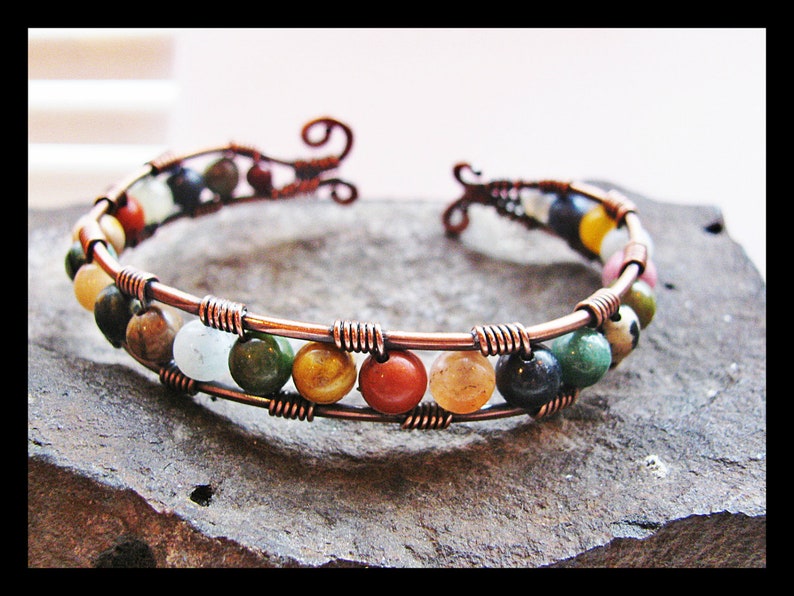Copper Wire Wrapped Cuff Bracelet With Mixed Gemstone Etsy