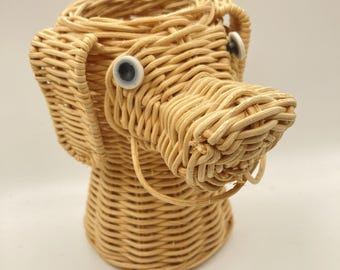 Vintage Mini Wicker Dog Head Basket Rattan Woven Collectible