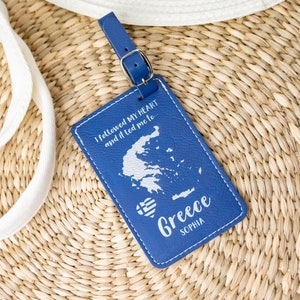 Griechenland Gepäckanhänger mit Karte, mein Herz führte mich nach Griechenland, Griechenland Flagge, blaues Kofferzubehör, griechische Inseln, Santorini, Mykonos, Athen Reise