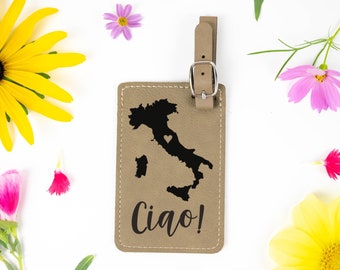 Ciao Italy Map Luggage Tag: Engraved Faux Leather Travel Accessory