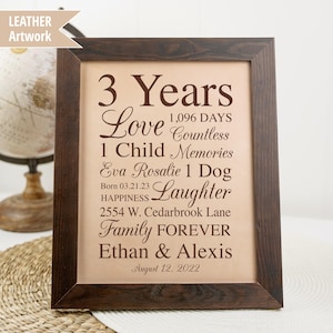 Leather 3rd Anniversary Gift, Traditional Gift Idea for 3 Years of Marriage, Personalized Leather Engraving Art for Couples