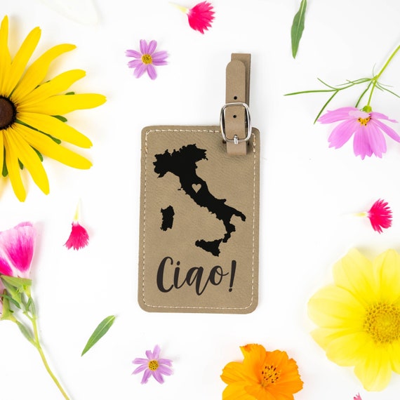 Ciao Italy Map Luggage Tag: Engraved Faux Leather Travel Accessory