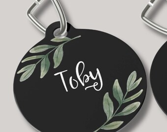 Personalized Dog Tag with Leaf Design | Custom Pet ID Tag | Double-Sided Dog Name Tag | Cute Pet Accessories | Available in Black or White